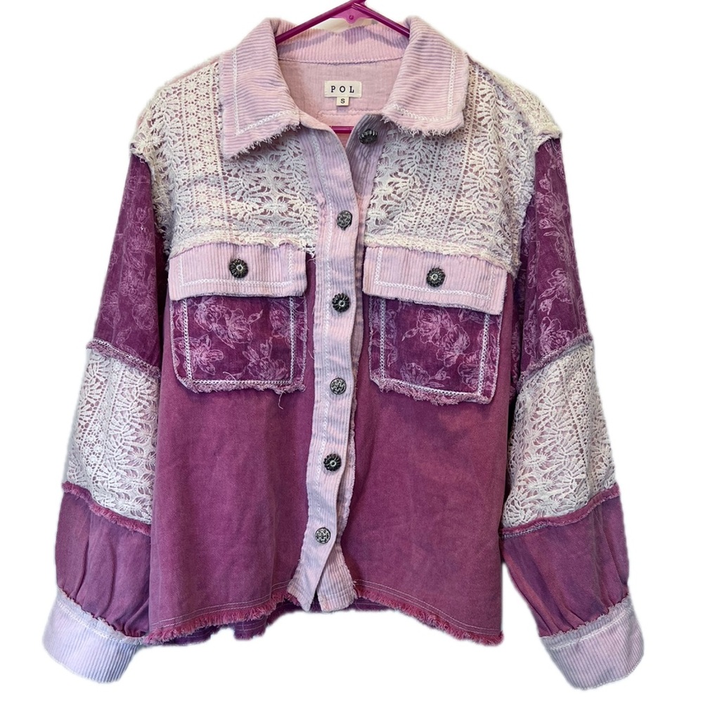 POL Lace Corduroy Floral Frayed Denim Jacket Sz Small (oversized) NWOT - Picture 2 of 16